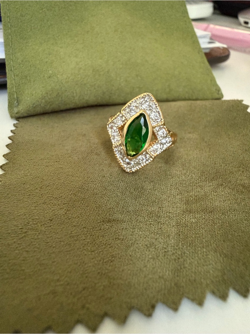 Gold Ring with Green Marquise Gem and Pavé Crystals